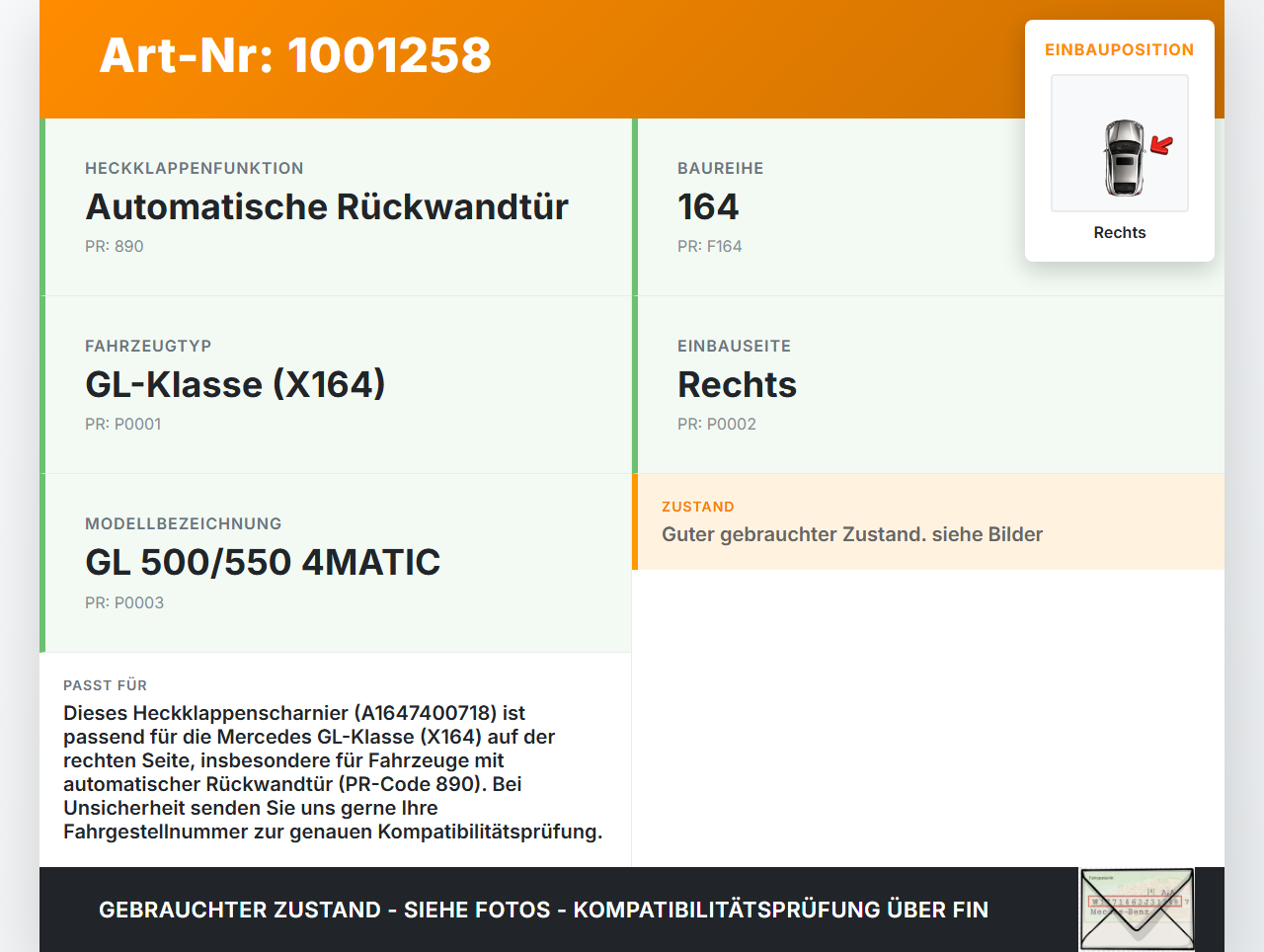 Mercedes GL 500 X164 06-11 Scharniere Scharnier für Heckklappe Rechts Mercedes GL 500 X164 06-11 01.09.2006... Vorschau 3