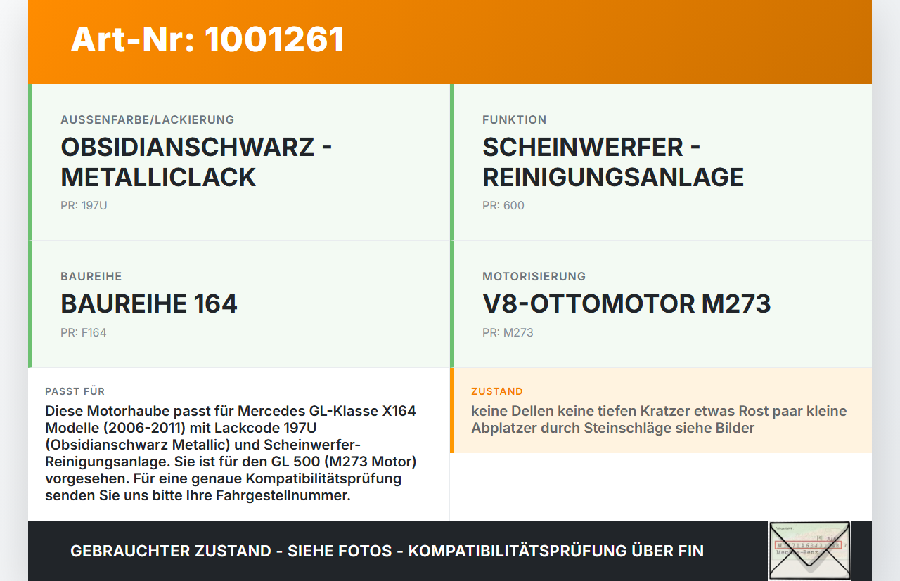 Mercedes GL 500 X164 06-11 Motorhaube Frontklappe Haube 197 Mercedes GL 500 X164 06-11 01.09.2006 A1648800257 gebraucht Vorschau 3
