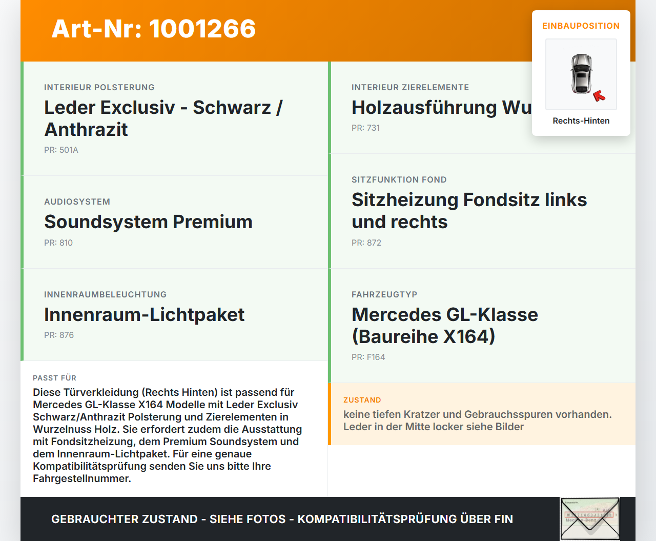 Mercedes GL 500 X164 06-11 Türverkleidung Türpappe Rechts Hinten Mercedes GL 500 X164 06-11 01.09.2006 A1647300870... Vorschau 3