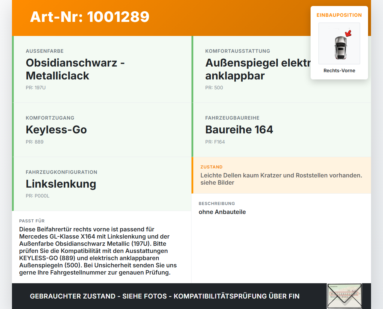 Mercedes GL 500 X164 06-11 Tür Beifahrertür Rechts Vorne 197 Mercedes GL 500 X164 06-11 01.09.2006 238310323... Vorschau 3