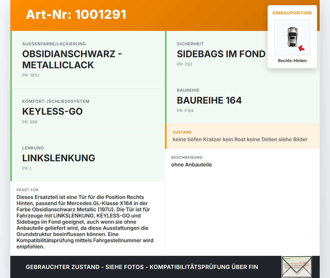 Mercedes GL 500 X164 06-11 Tür Rechts Hinten 197 Mercedes GL 500 X164 06-11 01.09.2006 A1647300405 gebraucht Vorschau 3