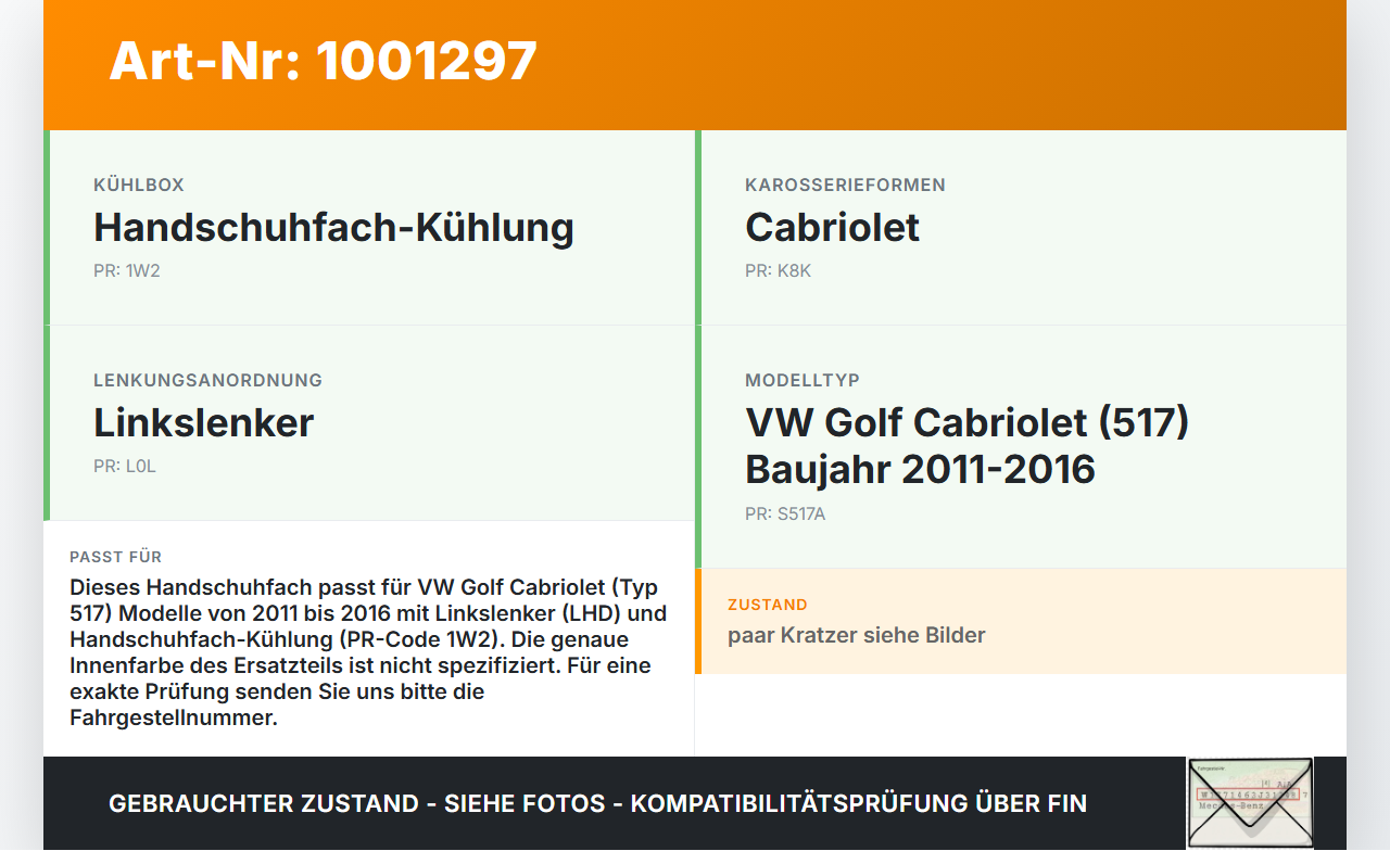VW Golf CC 517 11-16 Handschuhfach Handschuhkasten VW Golf CC 517 11-16 24.04.2014 1K1857101M gebraucht Vorschau 3