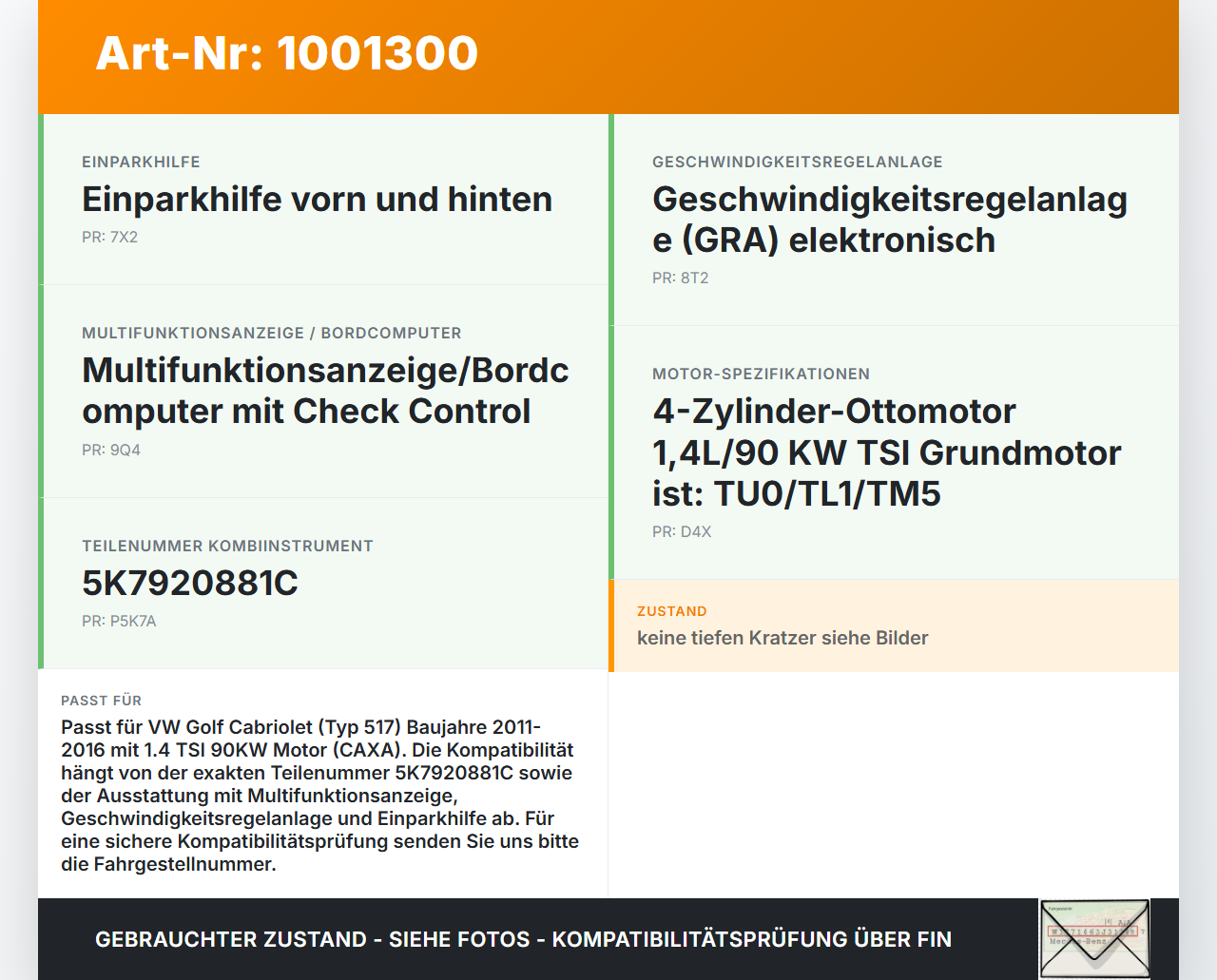 VW Golf CC 517 11-16 TSI 1,4 90KW Kombiinstrument Tacho VW Golf CC 517 11-16 24.04.2014 f5K7920881C 5K7920881C gebraucht Vorschau 3