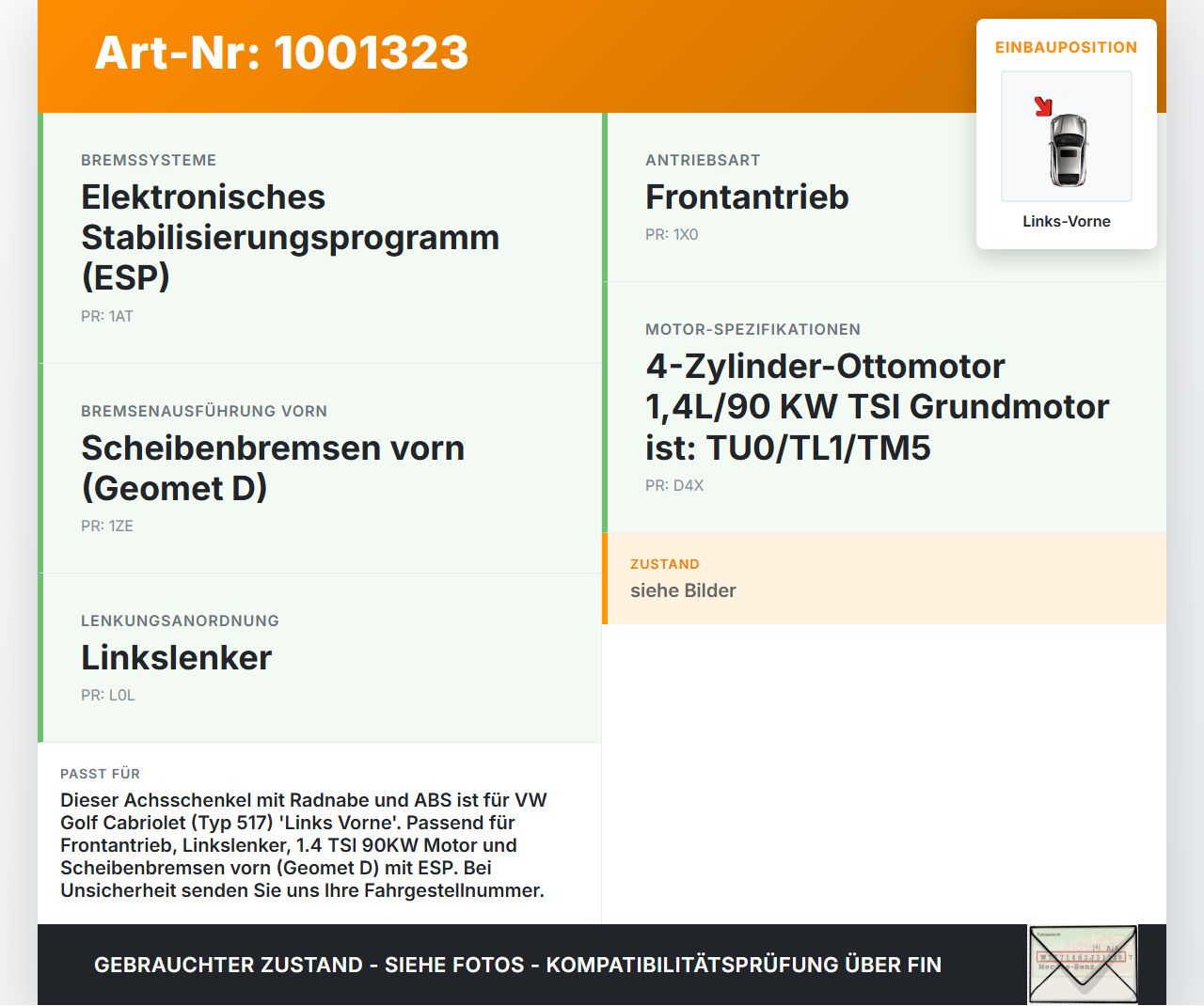 VW Golf CC 517 11-16 TSI 1,4 90KW Achsschenkel Radnabe mit ABS Links Vorne VW Golf CC 517 11-16 24.04.2014... Vorschau 3
