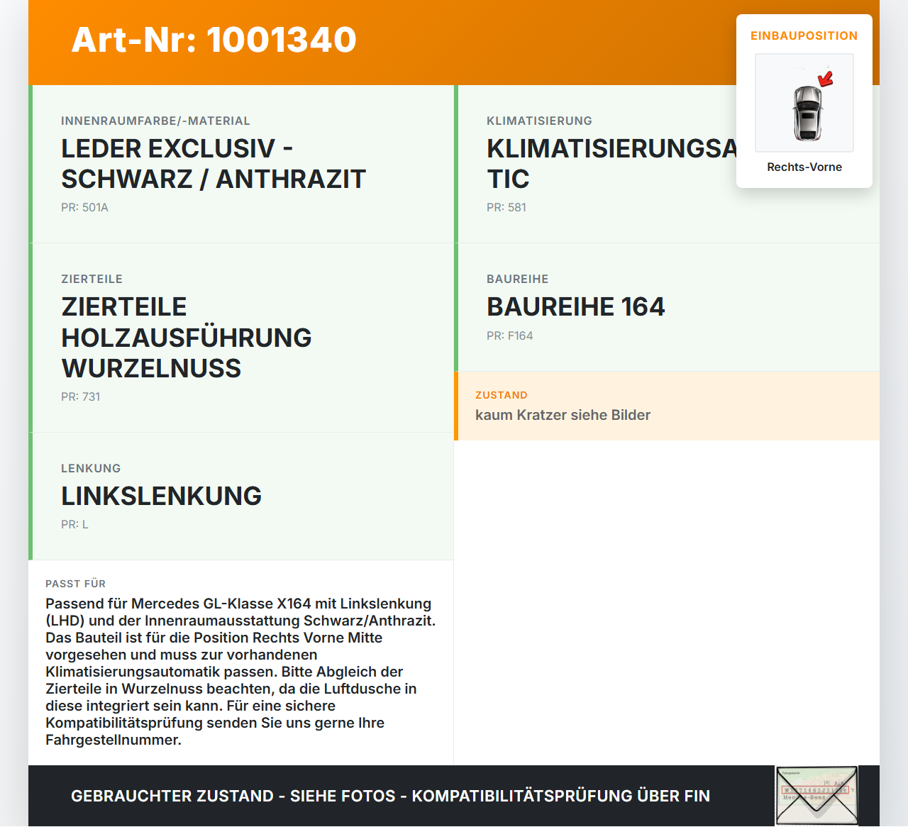 Mercedes GL 500 X164 06-11 Luftdusche Luftdüse Rechts Vorne Mitte Mercedes GL 500 X164 06-11 01.09.2006 A1648302054... Vorschau 3