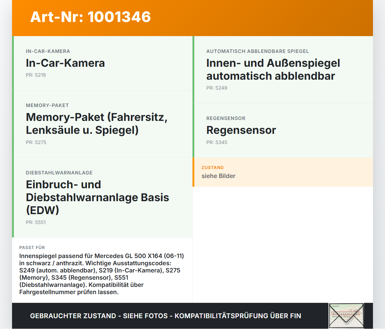 Mercedes GL 500 X164 06-11 Innenspiegel Rückspiegel Spiegel Innen Mercedes GL 500 X164 06-11 01.09.2006 A1648103917... Vorschau 3