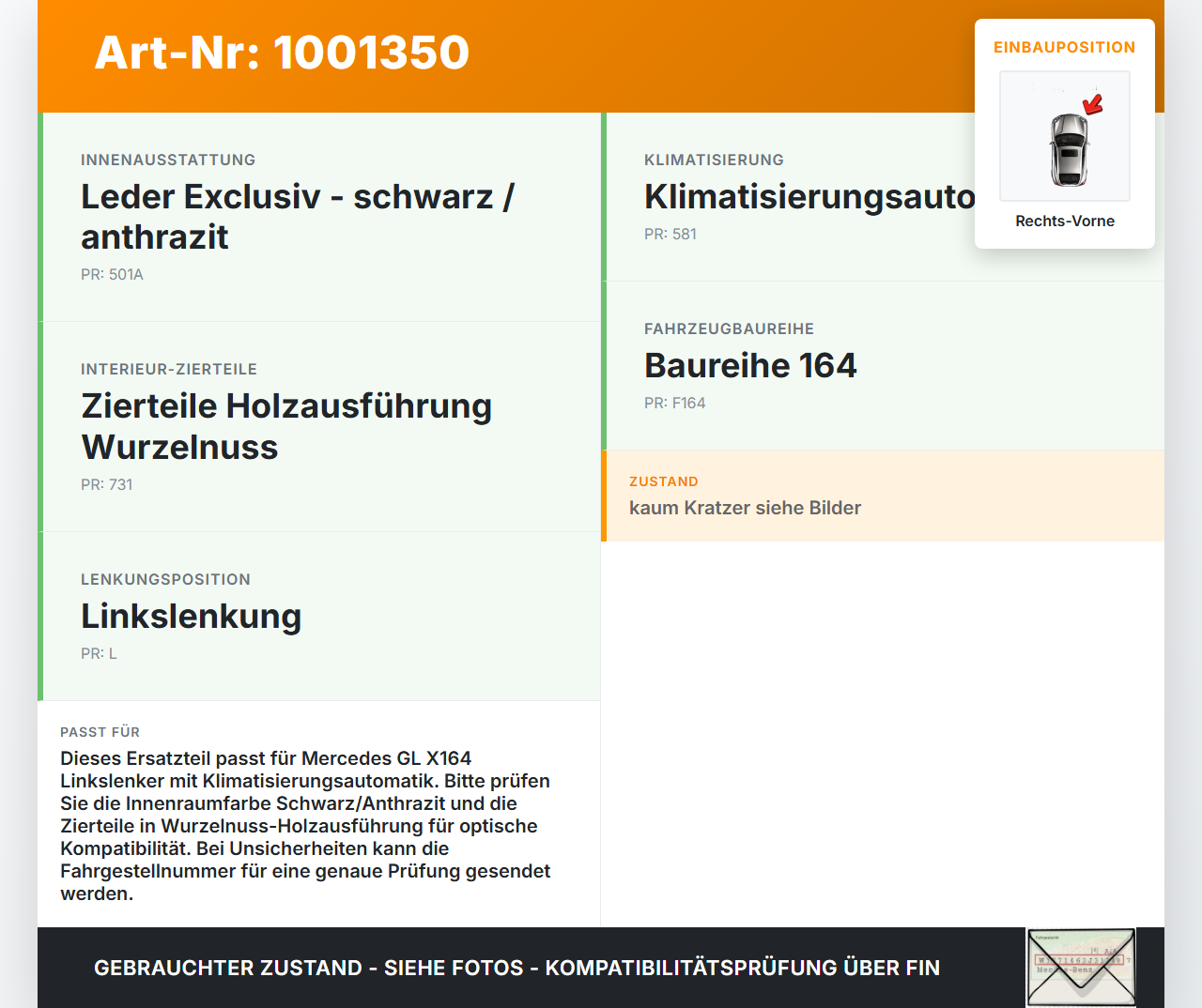Mercedes GL 500 X164 06-11 Luftdusche Luftdüse Rechts Vorne Mitte Mercedes GL 500 X164 06-11 01.09.2006 A1648302154... Vorschau 3
