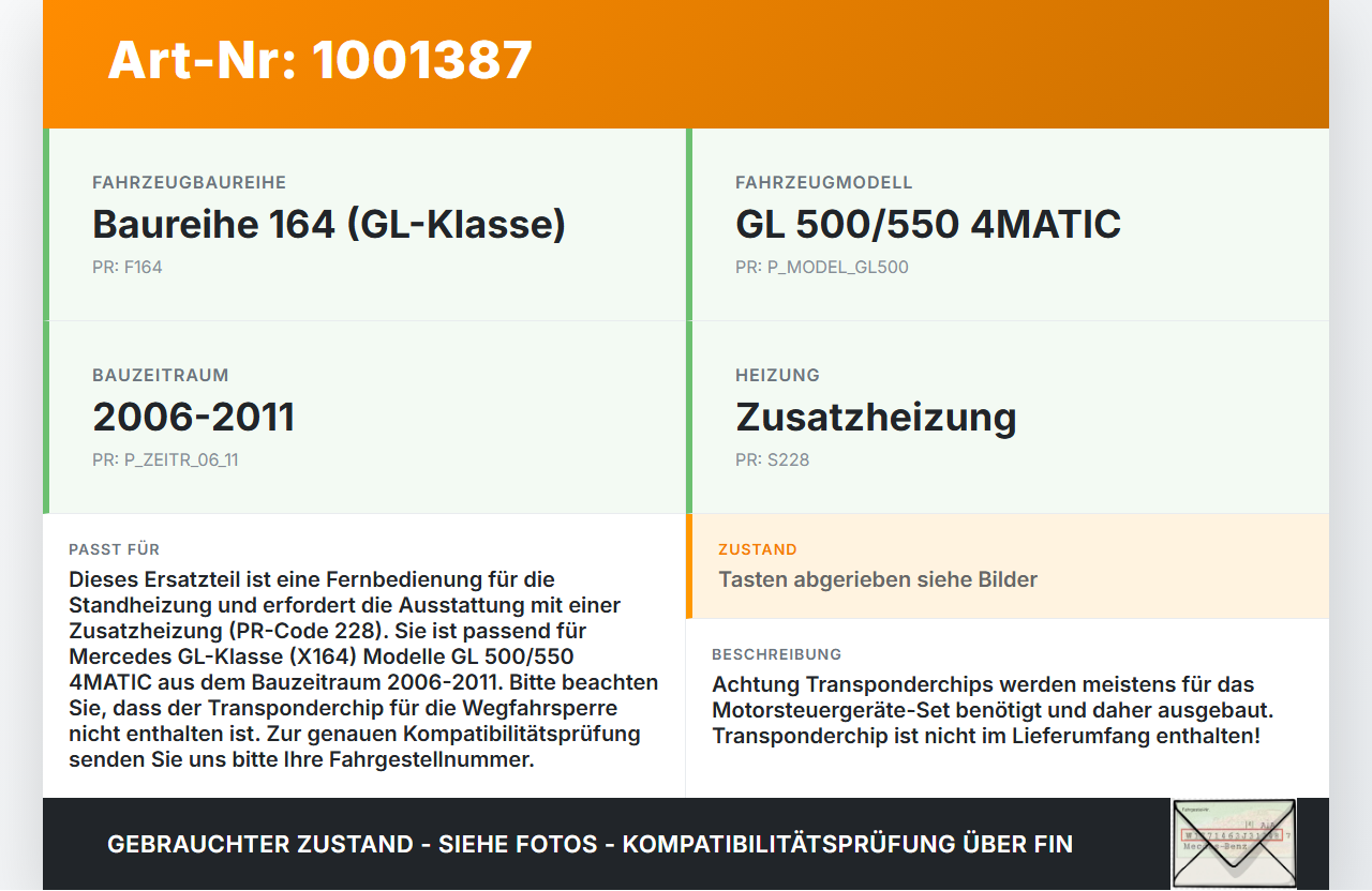 Mercedes GL 500 X164 06-11 Fernbedienung für Standheizung Mercedes GL 500 X164 06-11 01.09.2006 A2218200497 gebraucht Vorschau 3