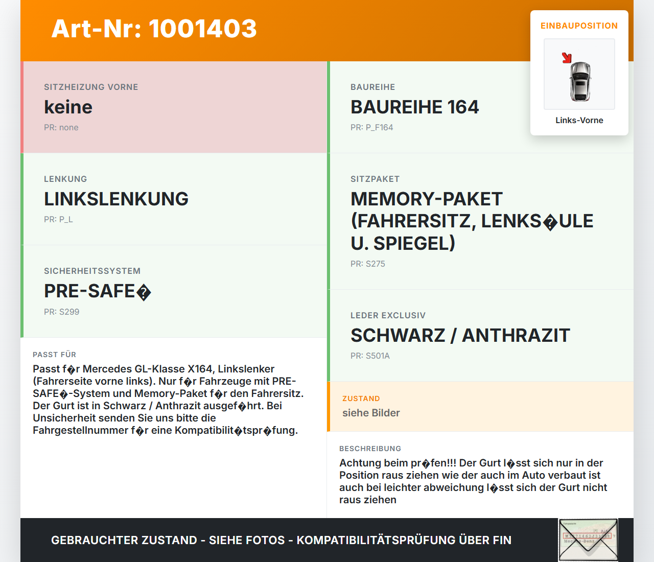 Mercedes GL 500 X164 06-11 Gurt Sicherheitsgurt m. Gurtstraffer für Fahrer Links Vorne Mercedes GL 500 X164 06-11... Vorschau 3