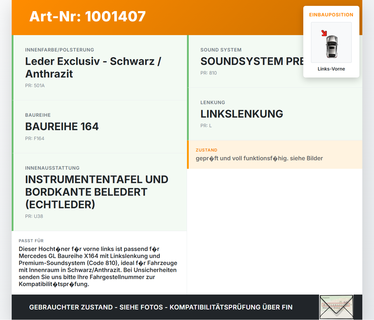 Mercedes GL 500 X164 06-11 Lautsprecher Hochtöner Links Vorne Mercedes GL 500 X164 06-11 01.09.2006 A1648201902... Vorschau 3