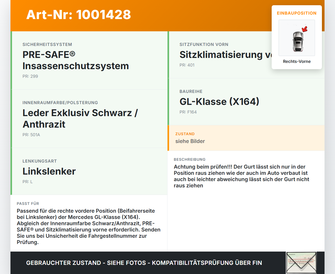 Mercedes GL 500 X164 06-11 Gurt Sicherheitsgurt Rechts Vorne Mercedes GL 500 X164 06-11 01.09.2006 A2518603885... Vorschau 3
