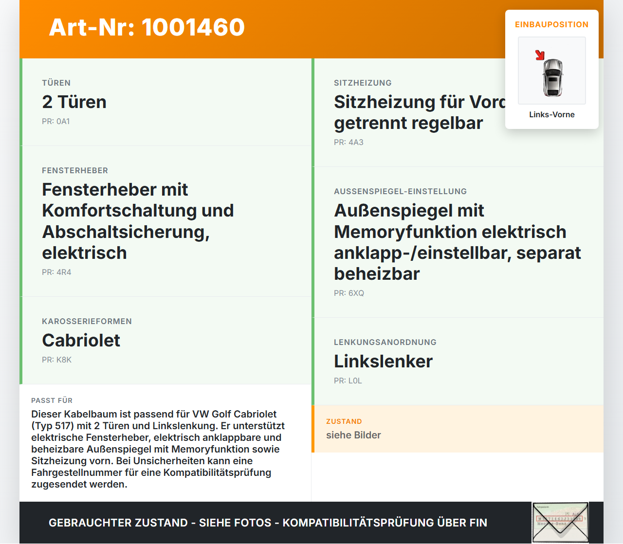 VW Golf CC 517 11-16 Cabrio Kabelbaum Tür und Fensterheber Links Vorne VW Golf CC 517 11-16 24.04.2014 5K7971120H... Vorschau 3