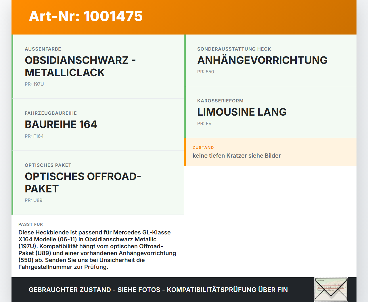 Mercedes GL 500 X164 06-11 Heckblende Kennzeichenblende Mercedes GL 500 X164 06-11 01.09.2006 A1648850481 gebraucht Vorschau 3