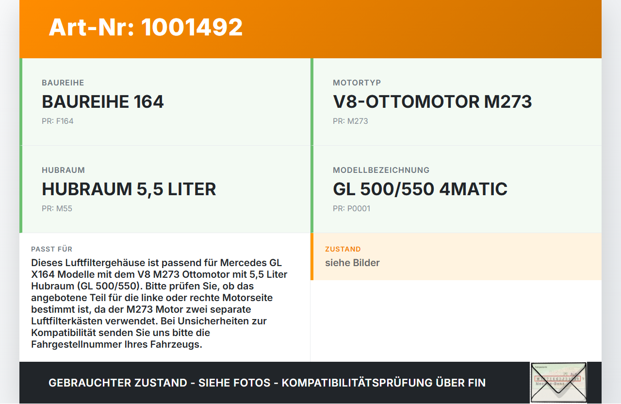 Mercedes GL 500 X164 06-11 5,5 285KW Luftfilterkasten Luftfiltergehäuse Mercedes GL 500 X164 06-11 01.09.2006 gebraucht Vorschau 3