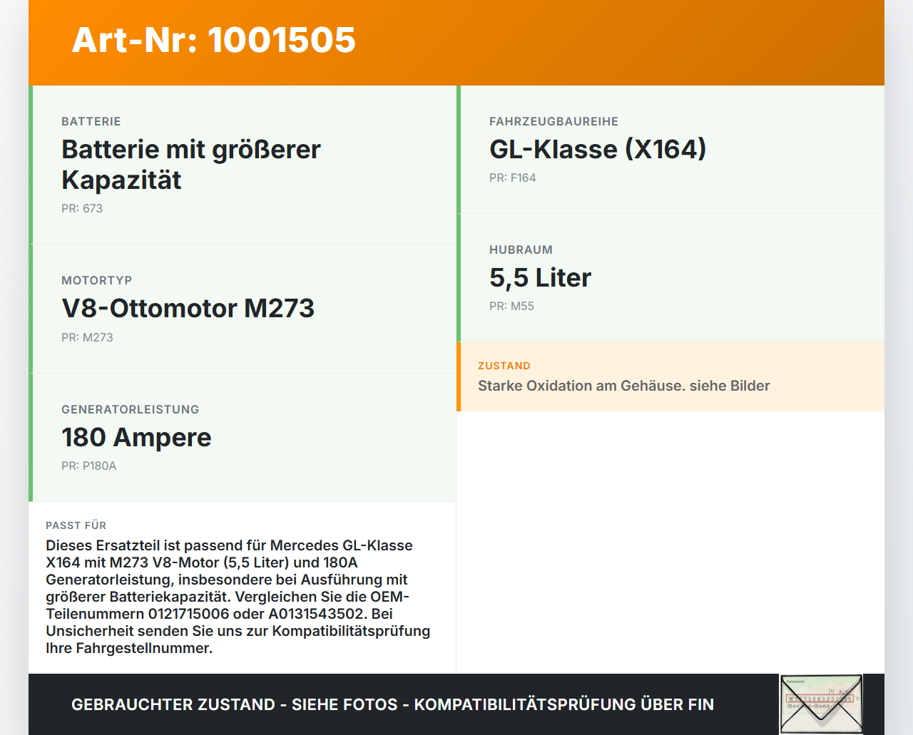 Mercedes GL 500 X164 06-11 5,5 285KW Lichtmaschine Generator 14V 180A Mercedes GL 500 X164 06-11 01.09.2006... Vorschau 3