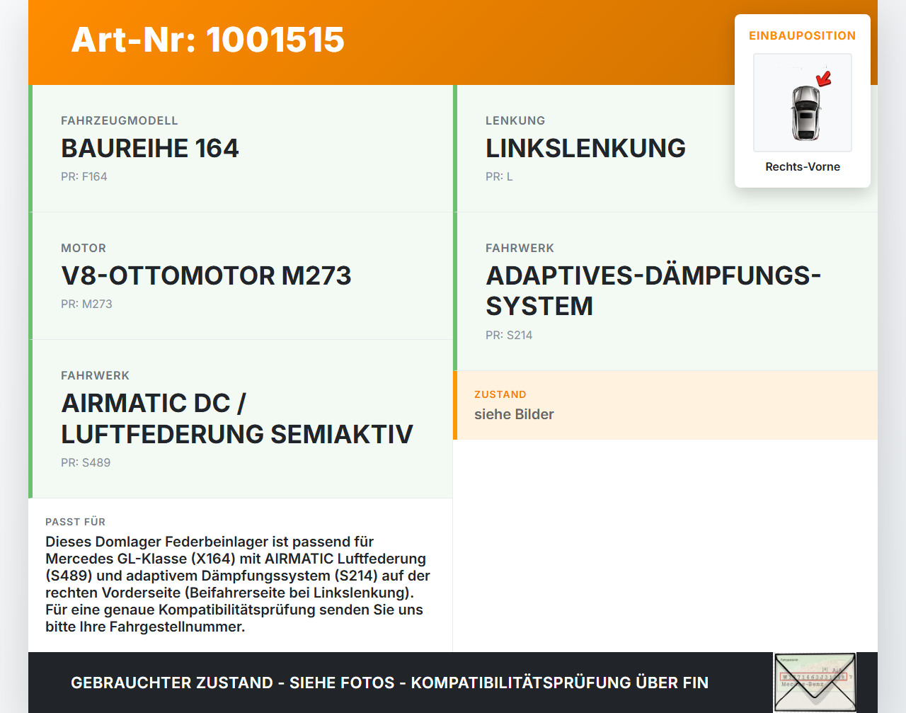 Mercedes GL 500 X164 06-11 5,5 285KW Domlager Federbeinlager Lager für Stossdämpfer Rechts Vorne Mercedes GL 500... Vorschau 3