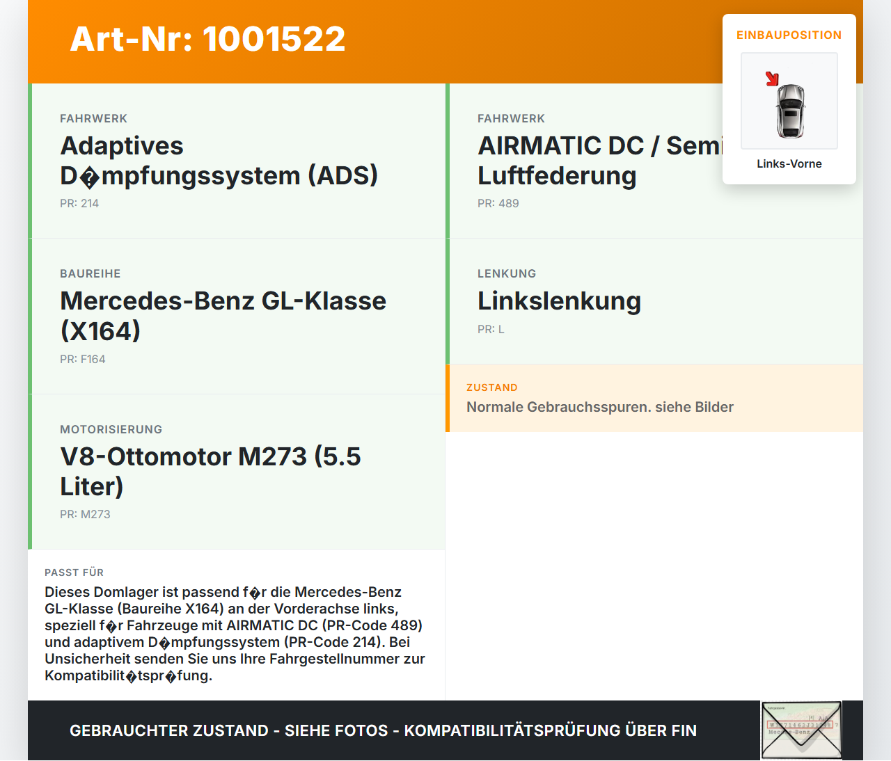 Mercedes GL 500 X164 06-11 5,5 285KW Domlager Federbeinlager Lager für Stossdämpfer Links Vorne Mercedes GL 500... Vorschau 3