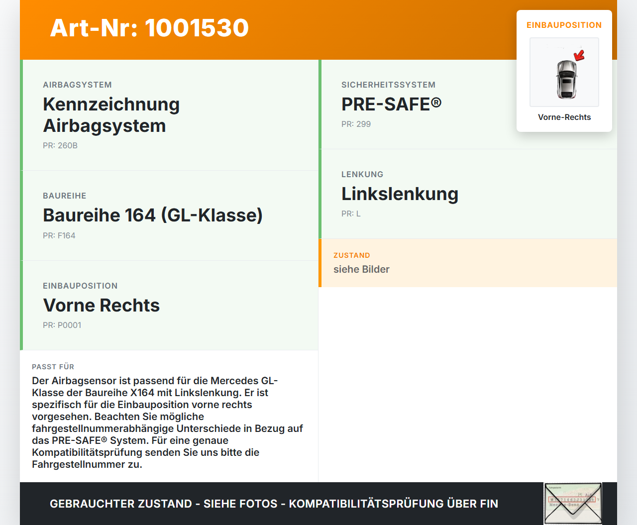 Mercedes GL 500 X164 06-11 Airbagsensor Crashsensor Sensor Vorne Rechts Mercedes GL 500 X164 06-11 01.09.2006... Vorschau 3