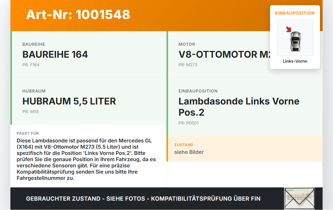 Mercedes GL 500 X164 06-11 5,5 285KW Lambdasonde Bosch Sensor Links Vorne Pos.2 Mercedes GL 500 X164 06-11... Vorschau 3
