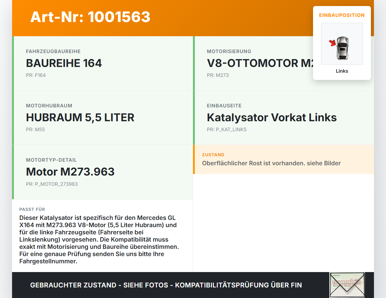 Mercedes GL 500 X164 06-11 5,5 285KW Katalysator Kat Vorkat Links Mercedes GL 500 X164 06-11 01.09.2006 A1644907814... Vorschau 3
