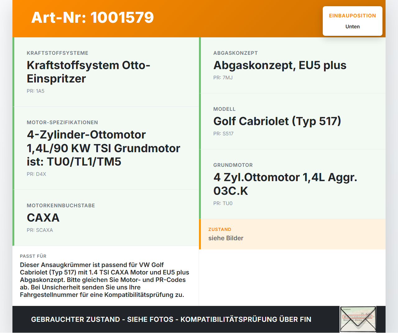 VW Golf CC 517 11-16 TSI 1,4 90KW CAXA Ansaugbrücke Ansaugkrümmer Unten VW Golf CC 517 11-16 24.04.2014 03C133202AQ... Vorschau 3