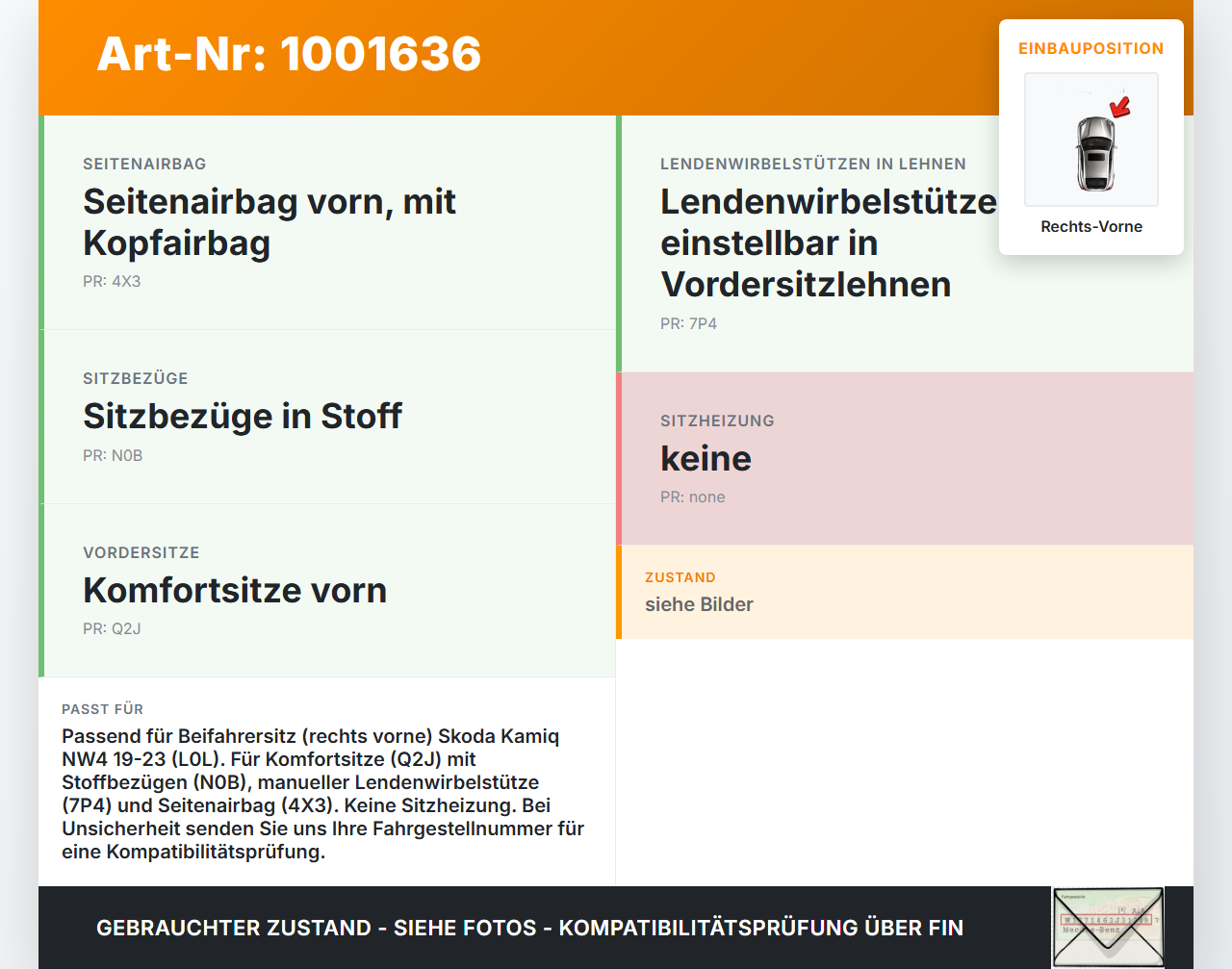 Skoda Kamiq NW4 19-23 Sitzbezug Sitzpolster für Beifahrersitz Rechts Vorne Skoda Kamiq NW4 19-23 27.02.2024... Vorschau 3
