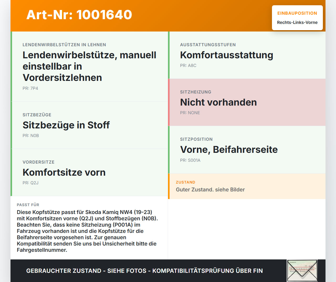 Skoda Kamiq NW4 19-23 Kopfstütze für Beifahrer Sitz Rechts oder Links Vorne Skoda Kamiq NW4 19-23 27.02.2024... Vorschau 3
