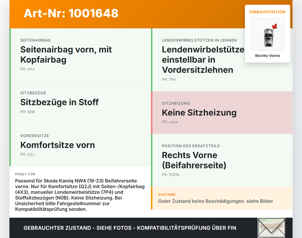 Skoda Kamiq NW4 19-23 Sitzbezug Rückenpolster Rechts Vorne für Beifahrer Sitz SRS Skoda Kamiq NW4 19-23 27.02.2024... Vorschau 3