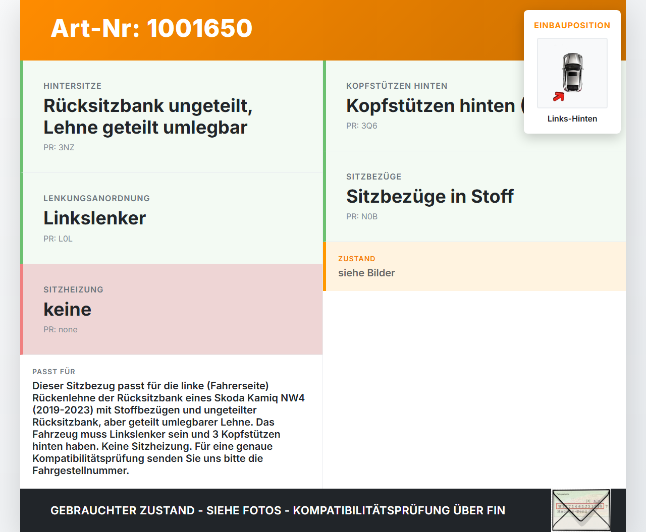Skoda Kamiq NW4 19-23 Sitzbezug Rückenpolster Links für Rücksitzbank Hinten Skoda Kamiq NW4 19-23 27.02.2024... Vorschau 3