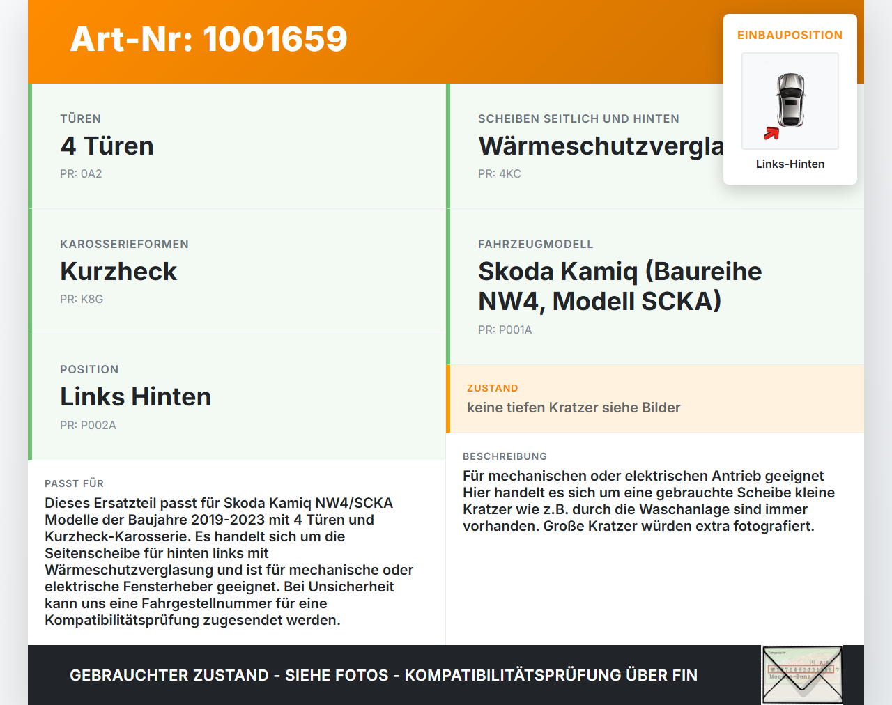 Skoda Kamiq NW4 19-23 Seitenscheibe LHK für Türscheibe Fenster Links Hinten Skoda Kamiq NW4 19-23 27.02.2024... Vorschau 3