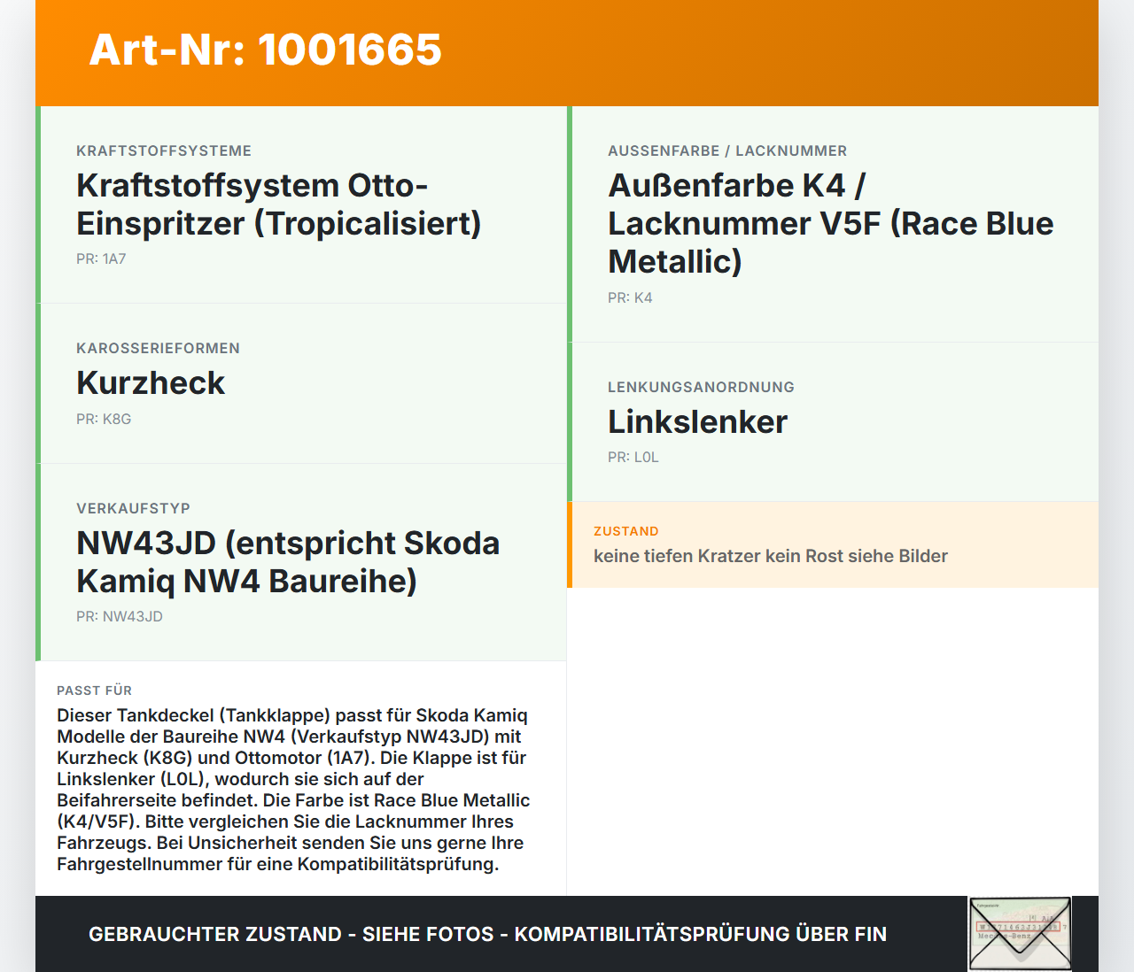 Skoda Kamiq NW4 19-23 Tankdeckel Tankklappe LV5F Skoda Kamiq NW4 19-23 27.02.2024 657809702 658809909 SK370-4 gebraucht Vorschau 3