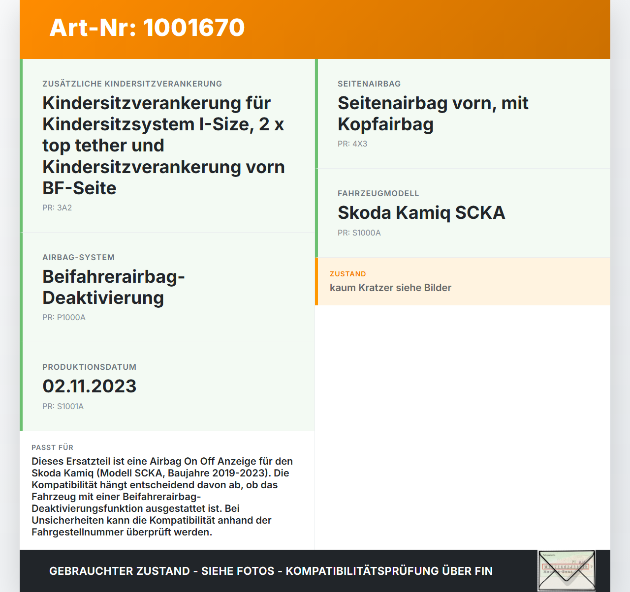 Skoda Kamiq NW4 19-23 1,0 81KW Airbag On Off Anzeige Skoda Kamiq NW4 19-23 27.02.2024 654919234 gebraucht Vorschau 3