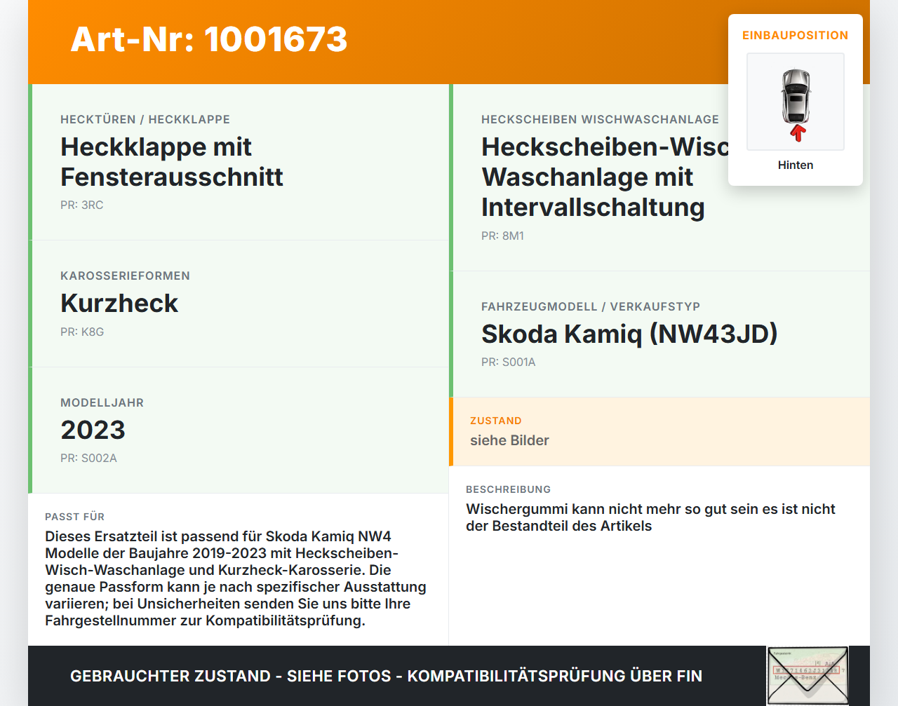 Skoda Kamiq NW4 19-23 Heckwischer Scheibenwischer Hinten Wischarm Skoda Kamiq NW4 19-23 27.02.2024 6R6955707B... Vorschau 3
