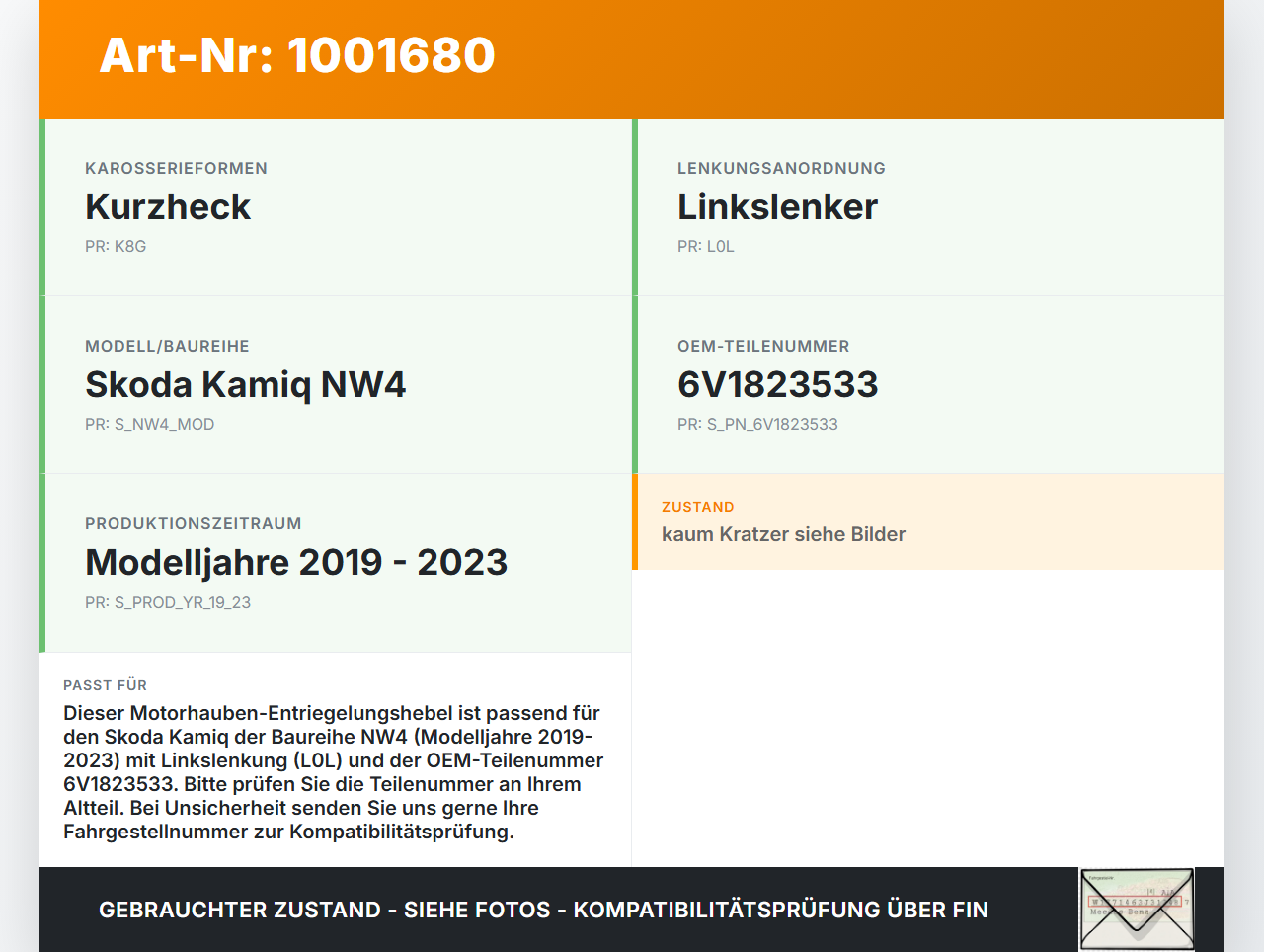 Skoda Kamiq NW4 19-23 Hebel Entriegelung für Motorhaube Skoda Kamiq NW4 19-23 27.02.2024 6V1823533 gebraucht Vorschau 3