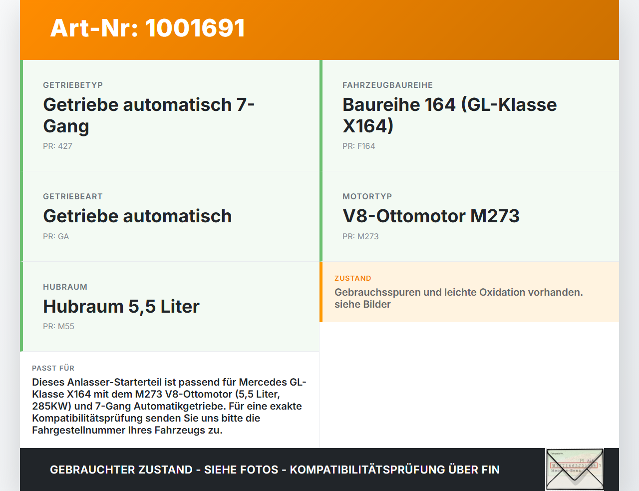 Mercedes GL 500 X164 06-11 5,5 285KW Autom Anlasser Starter Mercedes GL 500 X164 06-11 01.09.2006 A0061513701... Vorschau 3