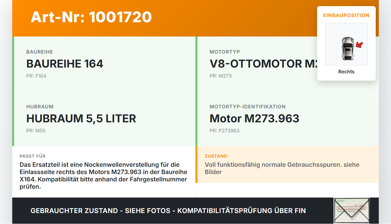 Mercedes GL 500 X164 06-11 5,5 285KW 273963 Nockenwellenverstellung Verstellung für Nockenwelle Einlass Rechts... Vorschau 3