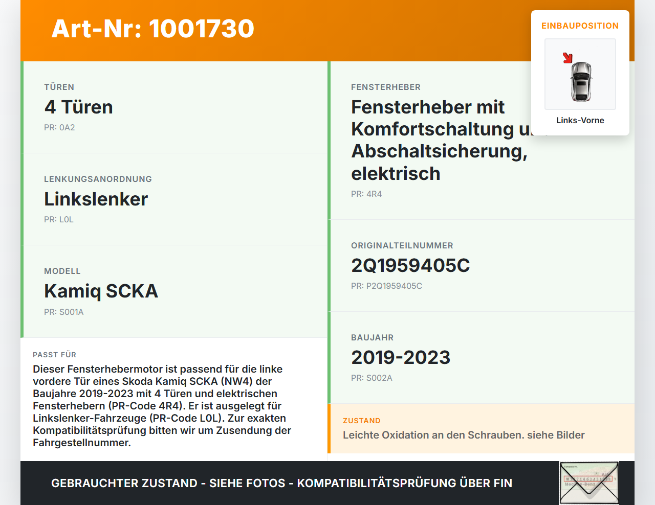 Skoda Kamiq NW4 19-23 Fensterhebermotor Links Vorne Skoda Kamiq NW4 19-23 27.02.2024 2Q1959405C gebraucht Vorschau 3