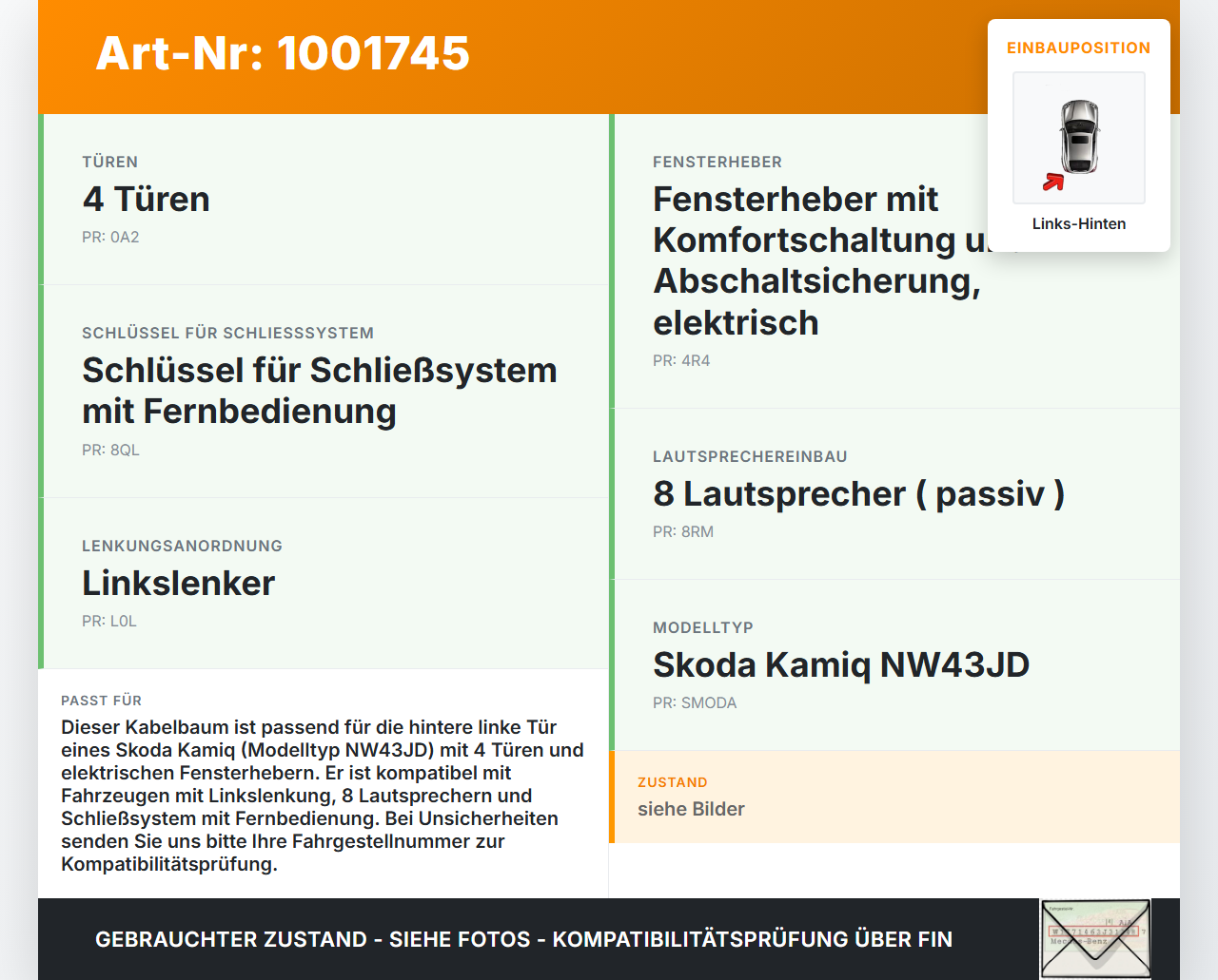 Skoda Kamiq NW4 19-23 Kabelbaum für Tür und Fensterheber Links Hinten Skoda Kamiq NW4 19-23 27.02.2024 654971161K... Vorschau 3