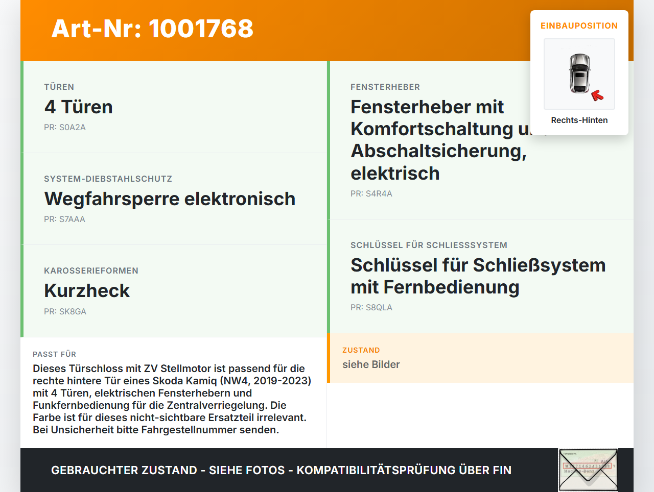Skoda Kamiq NW4 19-23 Türschloss m. ZV Stellmotor Rechts Hinten Skoda Kamiq NW4 19-23 27.02.2024 10A839016... Vorschau 3