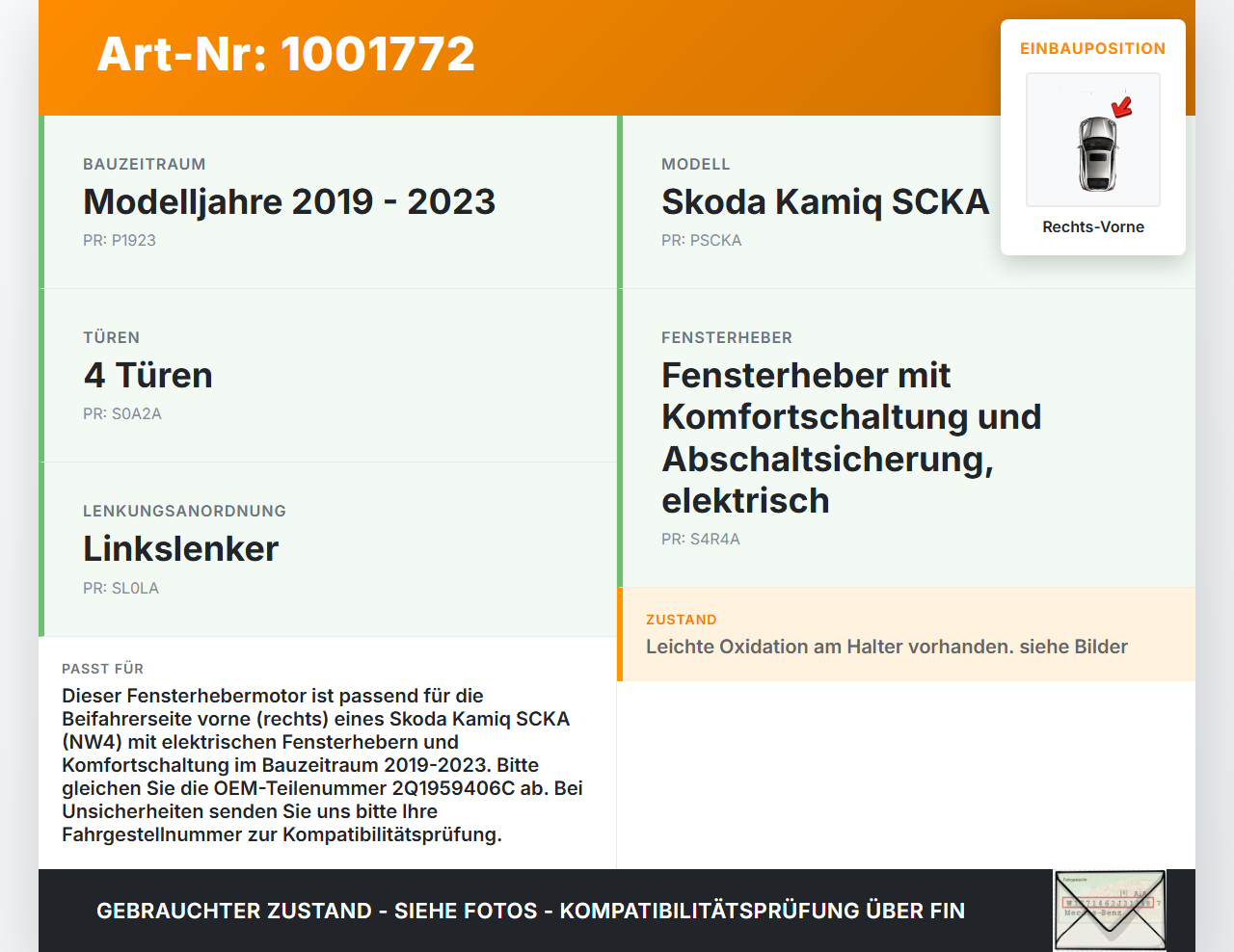 Skoda Kamiq NW4 19-23 Fensterhebermotor Rechts Vorne Skoda Kamiq NW4 19-23 27.02.2024 2Q1959406C 0130824054 gebraucht Vorschau 3
