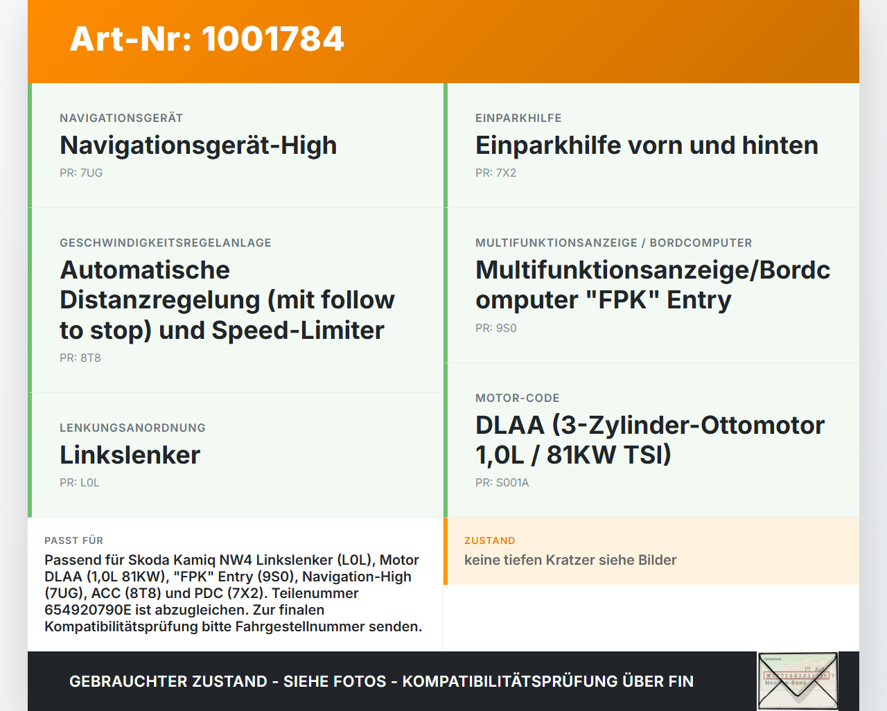 Skoda Kamiq NW4 19-23 1,0 81KW Kombiinstrument Tacho Skoda Kamiq NW4 19-23 27.02.2024 654920790E A3C1077090200 gebraucht Vorschau 3