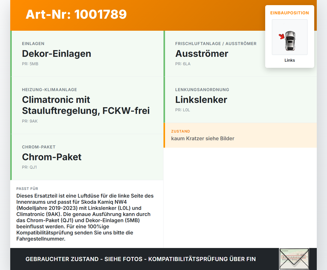 Skoda Kamiq NW4 19-23 Luftdusche Luftdüse Links Skoda Kamiq NW4 19-23 27.02.2024 4V0819701H 5009-0258 gebraucht Vorschau 3