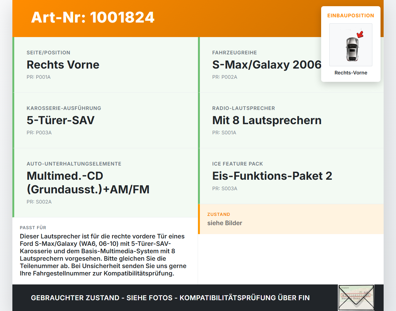 Ford S-Max WA6 06-10 Lautsprecher Rechts Vorne Ford S-Max WA6 06-10 31.01.2007 6M2T-18808-AB gebraucht Vorschau 3