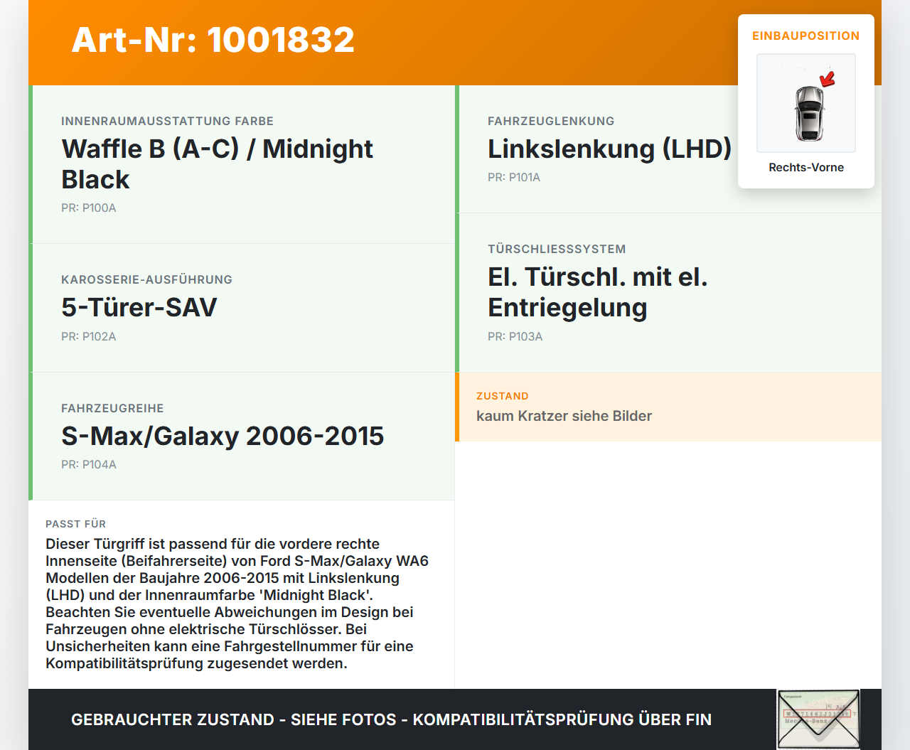 Ford S-Max WA6 06-10 Türgriff Griff Innen Rechts Vorne Y6 Ford S-Max WA6 06-10 31.01.2007 6M21-U22600-BB gebraucht Vorschau 3