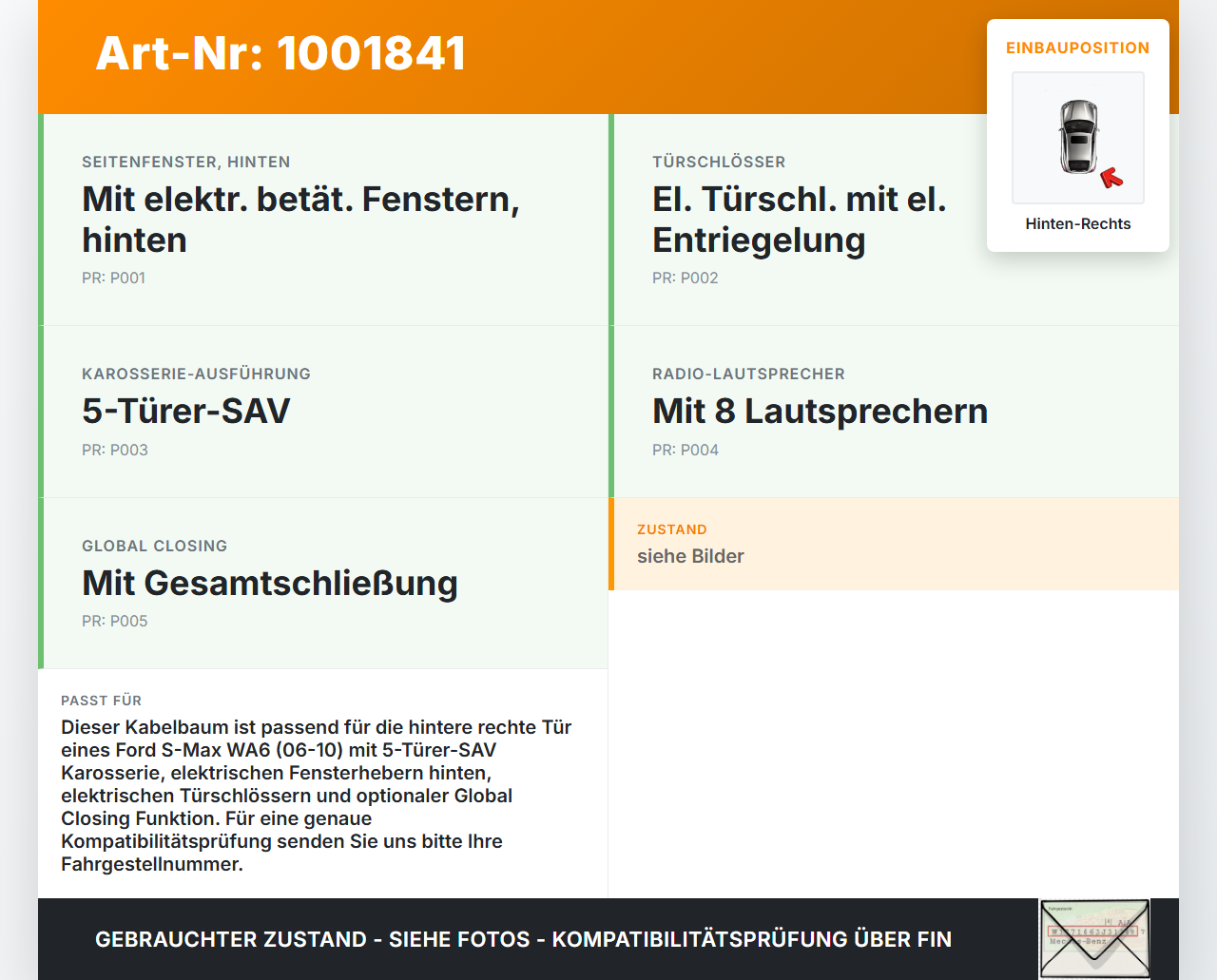 Ford S-Max WA6 06-10 Kabelbaum Leitungssatz für Tür und Fensterheber Hinten Rechts Ford S-Max WA6 06-10 31.01.2007... Vorschau 3