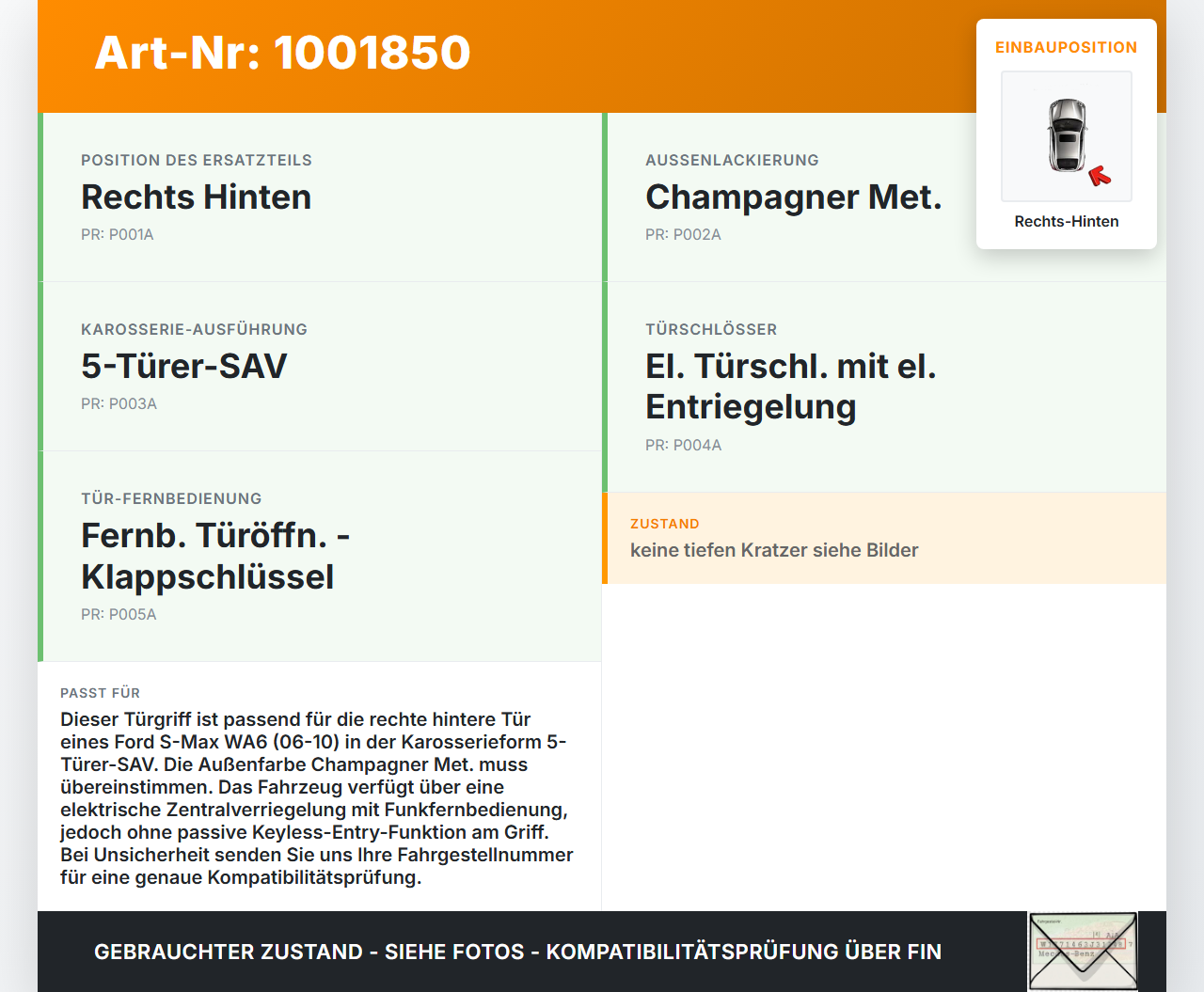 Ford S-Max WA6 06-10 Türgriff Griff aussen Rechts Hinten Y6 Ford S-Max WA6 06-10 31.01.2007 gebraucht Vorschau 3