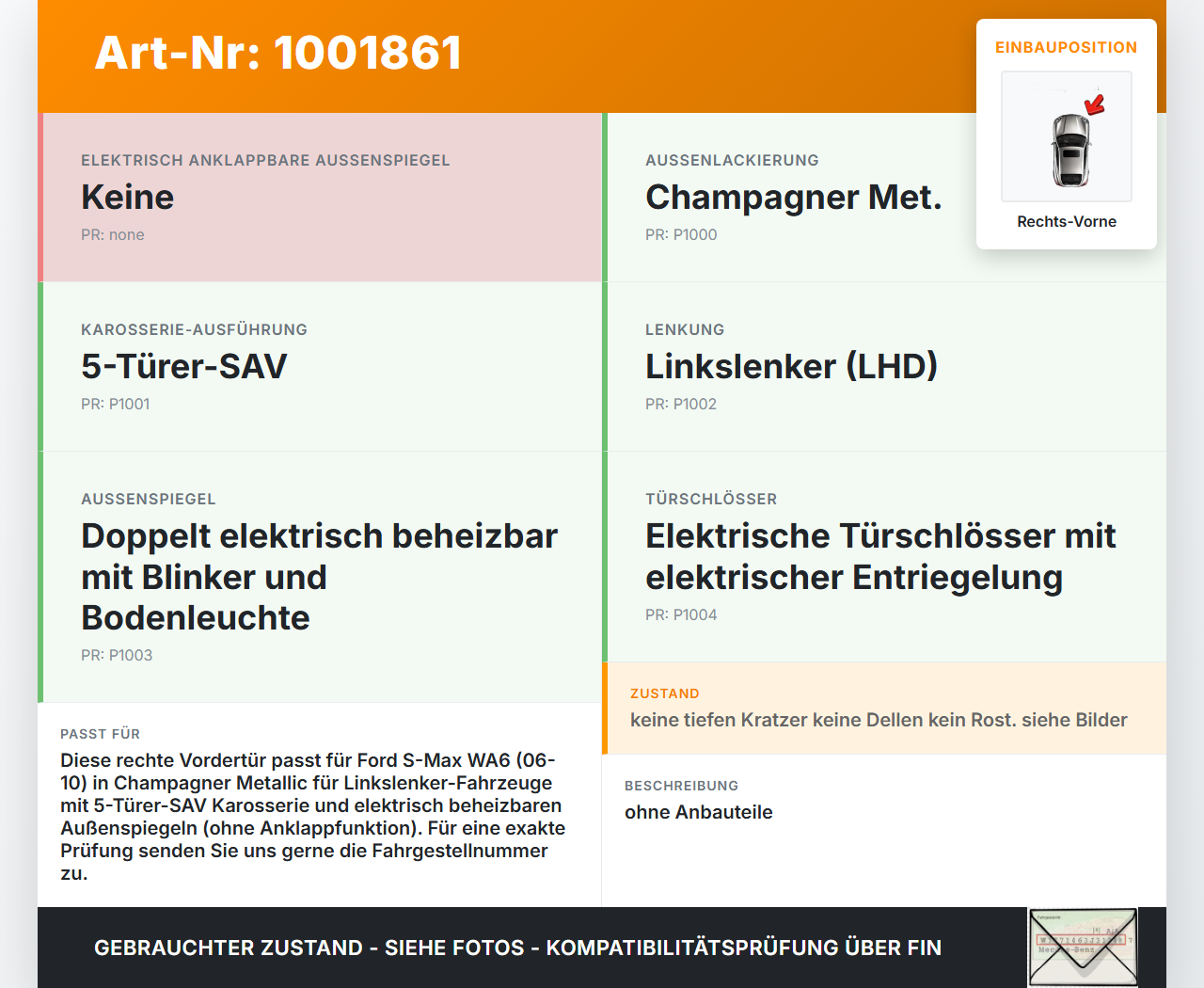 Ford S-Max WA6 06-10 Tür Beifahrertür Rechts Vorne Y6 Ford S-Max WA6 06-10 31.01.2007 P6M21-R20124-AG gebraucht Vorschau 3
