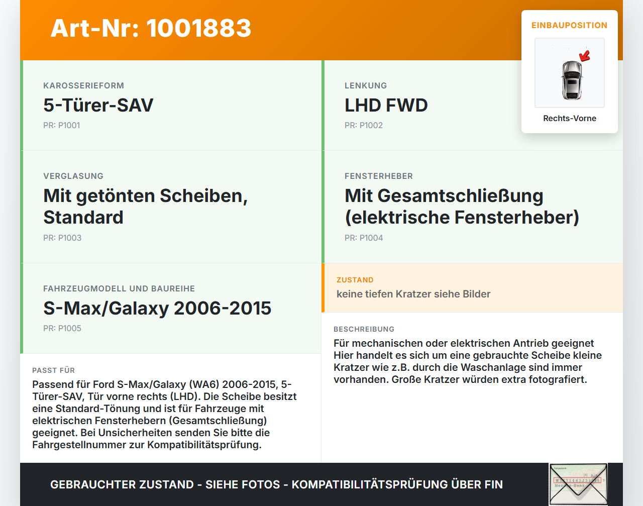 Ford S-Max WA6 06-10 RVK Seitenscheibe für Tür Türscheibe Rechts Vorne Ford S-Max WA6 06-10 31.01.2007... Vorschau 3