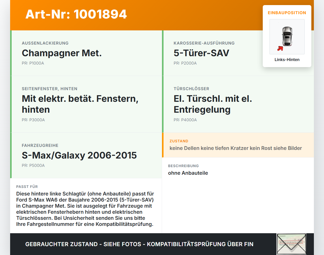 Ford S-Max WA6 06-10 Tür Links Hinten Y6 Ford S-Max WA6 06-10 31.01.2007 PAM21-R24631-AC gebraucht Vorschau 3