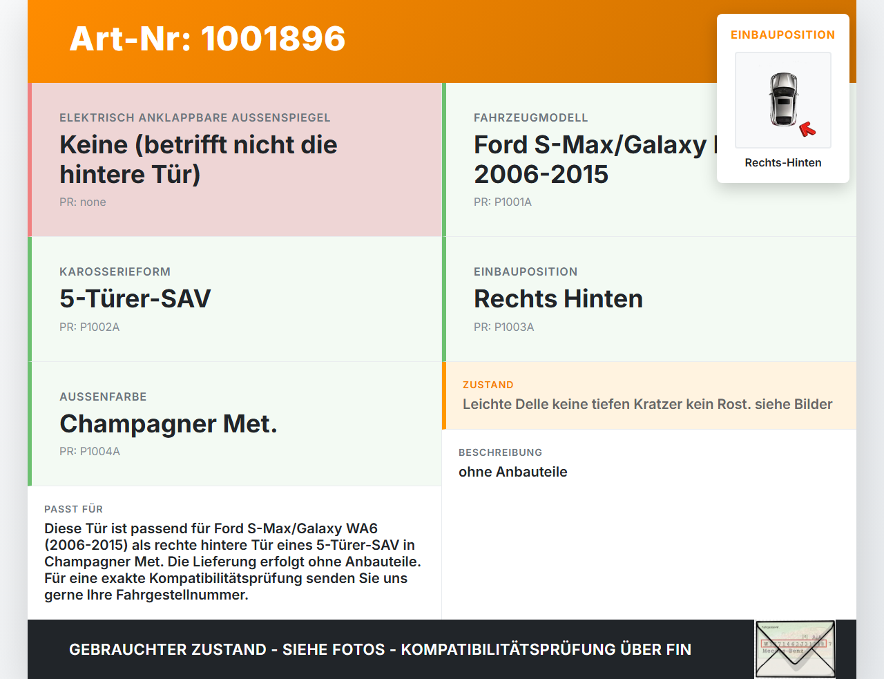 Ford S-Max WA6 06-10 Tür Rechts Hinten Y6 Ford S-Max WA6 06-10 31.01.2007 PAM21-R24630-AC gebraucht Vorschau 3